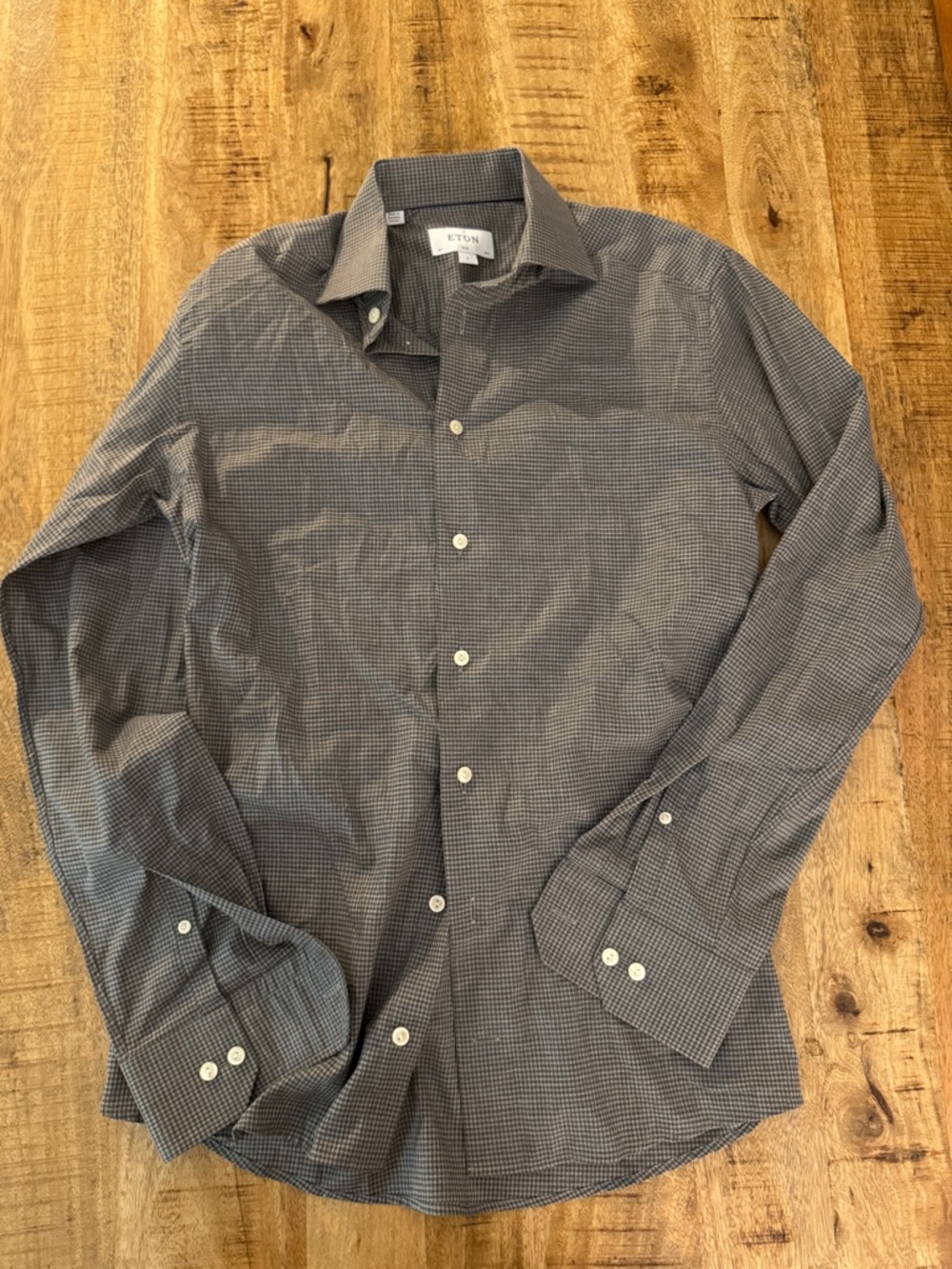 Eton Men's dark light Gray Micro Check plaid button up down SLIM Dress Shirt NEW